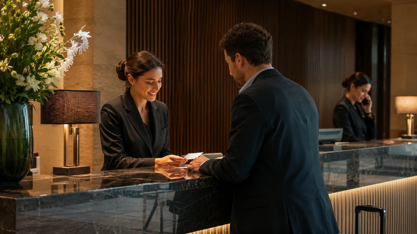 Recepcionista atendiendo a un huésped en el front desk de un hotel