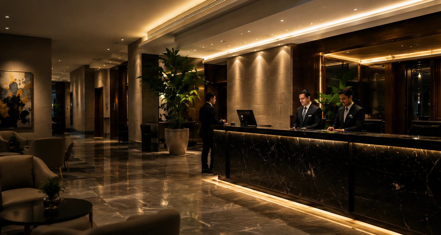 Recepción de un hotel moderno con personal atendiendo a sus huéspedes
